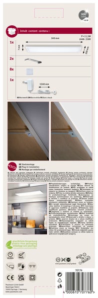 Produktverpackung eines LED-Paneels zur Möbelbeleuchtung inklusive Montagematerial, Netzteil, Sensorschalter und technischen Produktdaten.