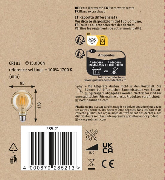 LED Filament Globe Lampe mit E27 Sockel für warmweißes Licht.