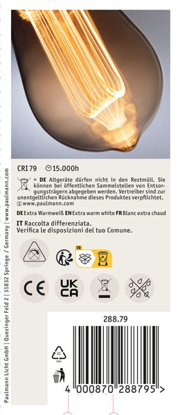 LED Filament Leuchtmittel in Tropfenform mit extra warmweißer Lichtfarbe und technischem Datenblatt.