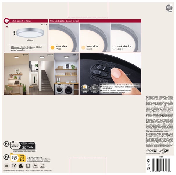 LED Panel Abia 2 White Select Dämmerungsgesteuerter Bewegungsmelder (HF) rund 300 mm 14W 1000lm White Select Chrom matt