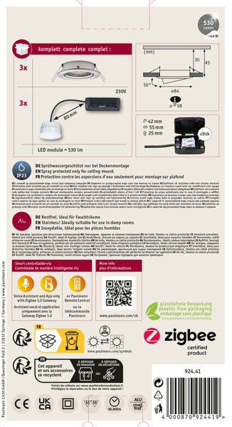Technische Zeichnung und Produktinformationen für ein LED Einbauleuchten Set mit 530 Lumen und Schutzart IP23 für Feuchträume.