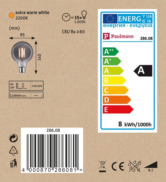 Paulmann LED Leuchtmittel mit 2200 Kelvin extra warmweißem Licht und Energieeffizienzklasse A in der Verpackungsansicht mit technischen Daten.