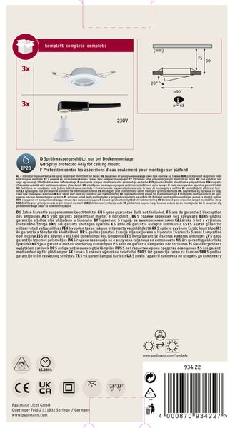 Einbaustrahler Set mit drei LED Einbauleuchten und technischer Zeichnung zur Montageinformation für die Decke.