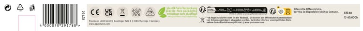 Produktverpackung mit Barcode, Paulmann Logo, Entsorgungshinweisen, CE Kennzeichnung, UKCA Kennzeichnung und technischen Angaben zur Lebensdauer.