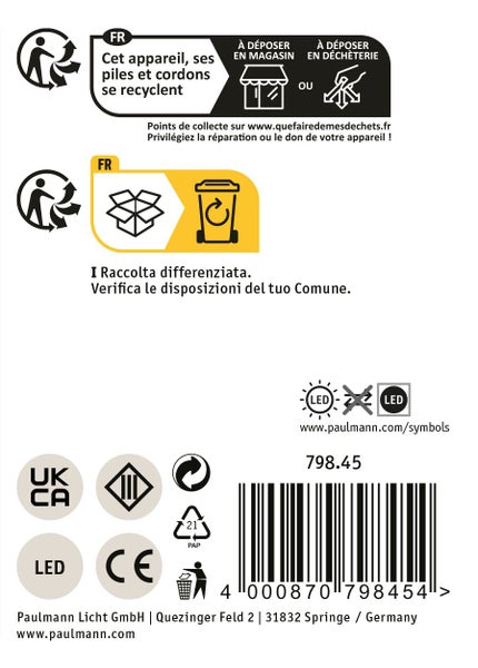 Informationen zur Entsorgung und Recyclingkennzeichnung der Paulmann Licht GmbH Verpackung und Leuchte mit CE und UKCA Konformitätskennzeichen