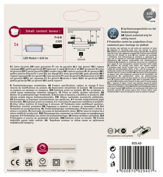 LED Einbaupanel Areo IP44 eckig 120x120 mm 6,5W 418lm 3000K Nickel matt dimmbar