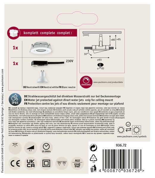 Einbaustrahler IP65 dimmbar inklusive Leuchtmittel technische Zeichnung mit Maßen und Montagesymbolen auf der Produktverpackung