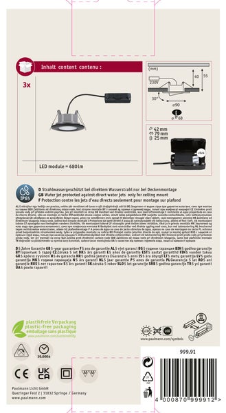 Verpackungsrückseite für LED Einbauleuchten Set dreiteilig mit Maßzeichnungen IP65 Schutzart und Garantieinformationen von Paulmann Licht