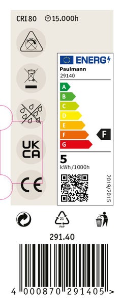 Energieeffizienzlabel Paulmann Leuchtmittel 29140 mit Effizienzklasse F und 5 Kilowattstunden pro 1000 Stunden Verbrauch