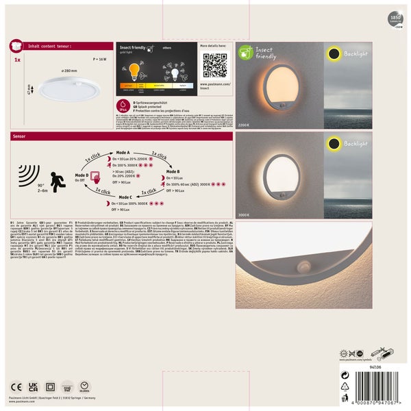 LED Wand und Deckenleuchte mit Sensor und Backlight Funktion. Runde Bauform, spritzwassergeschützt IP44, inklusive Montageanleitung und Symbolen.