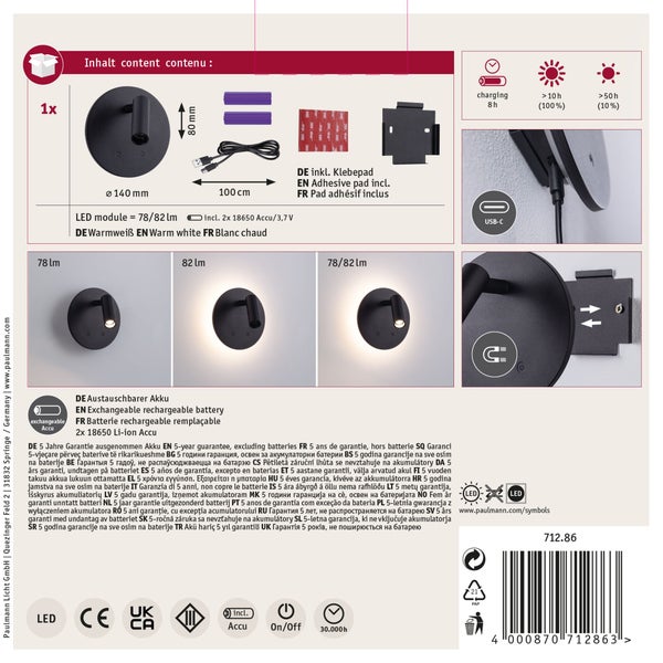 Produktübersicht einer LED Wandleuchte mit Akku, USB Kabel, Klebepad, Halterung und technischen Angaben zu Lichtstrom und Ladezeit.