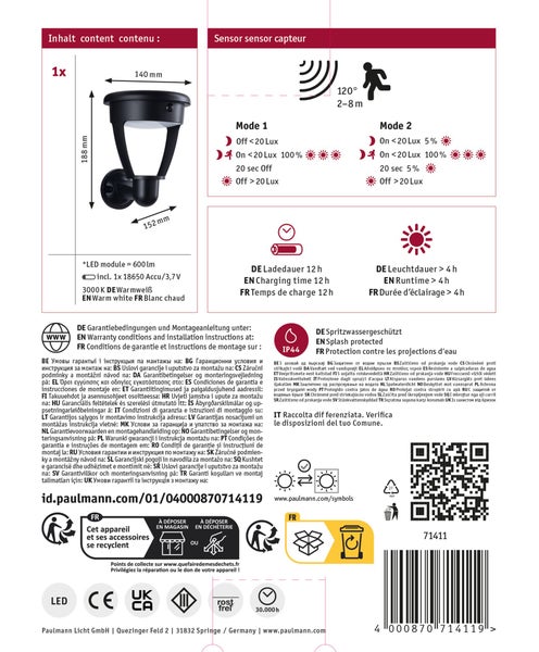 Technische Zeichnung und Produktdetails einer Paulmann Solar Außenwandleuchte mit Bewegungssensor, IP44 Spritzwasserschutz und LED Technik.