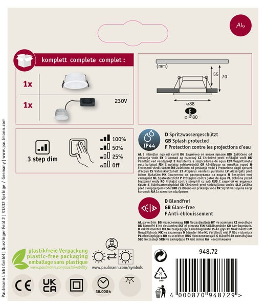 LED Einbauleuchte 3-Step-Dim Cole Coin 1er-Set IP44 rund 88 mm Coin 6W 470lm 230V dimmbar 2700K Weiß