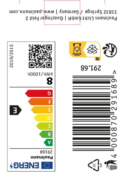 Energieetikett und Produktinformationen für Paulmann Leuchtmittel mit Energieeffizienzklasse E und Barcode