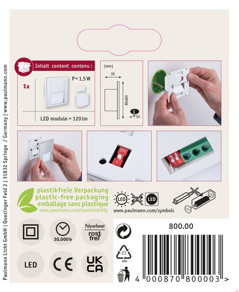 Paulmann LED Wandeinbauleuchte mit Montageanleitung, technischen Details und Produktsymbolen auf der Verpackungsrückseite.