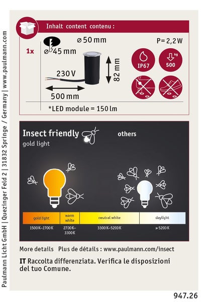 Technische Daten und Insektenfreundlichkeit eines LED Bodeneinbaustrahlers mit zweitausendzweihundert Watt Leistung und Schutzart IP67.