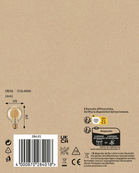 Technische Angaben und Entsorgungshinweise auf der Rückseite einer Paulmann LED Lampenverpackung mit Produktmaßen.