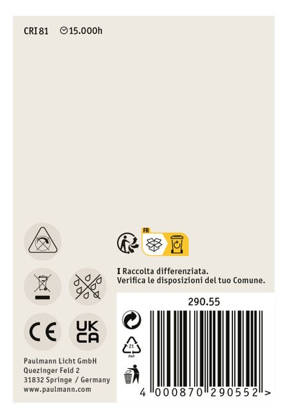 Produktverpackung mit Barcode, CE und UKCA Kennzeichnung, Entsorgungshinweisen sowie Informationen zur plastikfreien Verpackung von Paulmann Licht.
