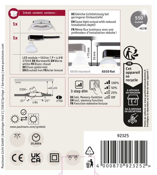 Inhalt: Einbaustrahler, LED-Lampe, Anschlussbox. Durchmesser 84 Millimeter, Ausschnitt 68 Millimeter, schwenkbar, 3-Stufen-Dimmbar, 5 Jahre Garantie.
