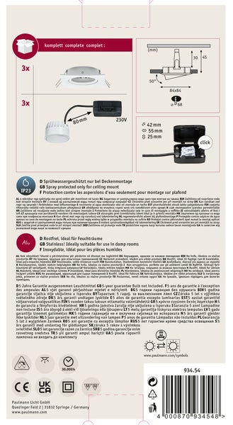 Technische Zeichnung und Produktinformationen eines Paulmann Einbaustrahlers mit IP23 Schutzklasse fuer die Deckenmontage in Feuchtraeumen.