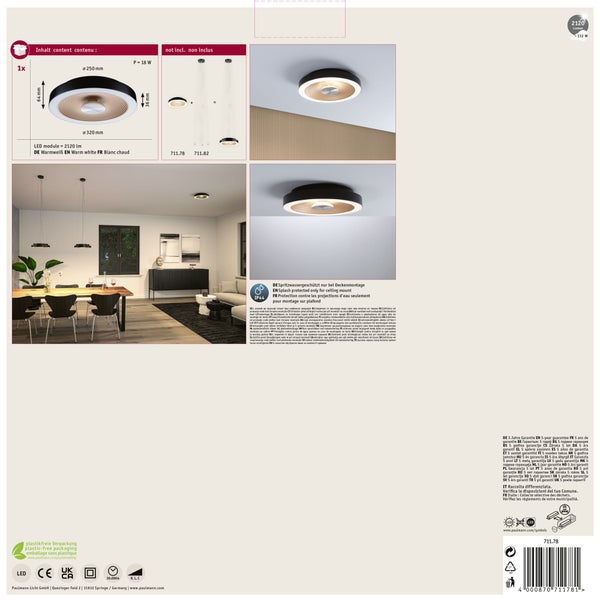 LED Deckenleuchte mit warmweißem Licht, spritzwassergeschützt für Deckenmontage, technische Zeichnung mit Maßen und Anwendungsbeispiel.