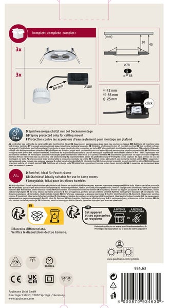 Einbaustrahler Set mit drei LED Leuchten, Schutzart IP44 für Deckenmontage, rostfrei, inklusive technischer Zeichnung und Montageanleitung.