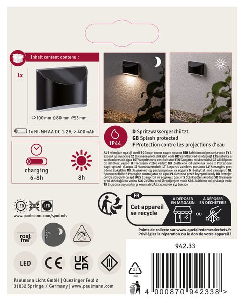 Solar Wandleuchte fuer den Aussenbereich IP44 spritzwassergeschuetzt inklusive Akku und Abmessungen 100 mal 80 mal 53 Millimeter