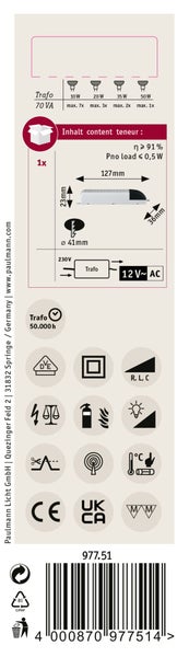 Technisches Datenblatt für Paulmann Trafo 70 VA mit Produktabmessungen und Schaltplan sowie Symbolen für Schutzklasse und Dimmbarkeit.