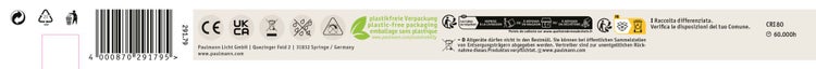 Produktverpackungsinformationen mit Strichcode, CE Kennzeichnung, Hinweisen zur Entsorgung und technischen Daten von Paulmann Licht.