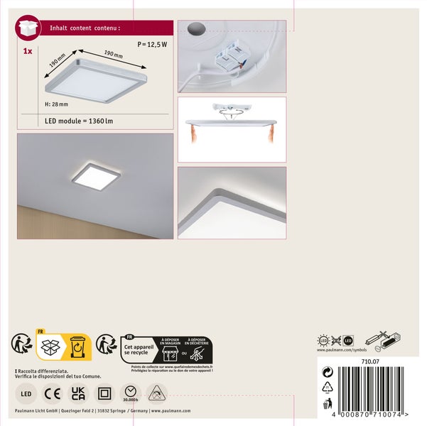LED Panel Atria Shine Backlight eckig 190x190 mm 11,2W 900lm 4000K Chrom matt