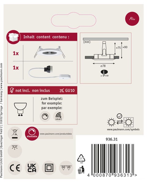 Produktverpackung Rückseite Einbaustrahler mit technischen Zeichnungen, Maßen, Installationshinweisen und Symbolen für Paulmann Leuchten.