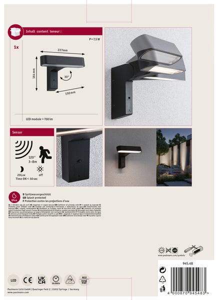 House LED Außenwandleuchte B Ware Ito Bewegungsmelder Horizontale Ausrichtung IP44 227x164 mm 3000K 6W 450lm 230V 65° Anthrazit Metall, Kunststoff
