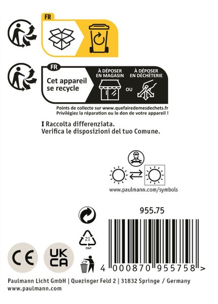 Produktinformationen und Entsorgungshinweise für eine Paulmann Leuchte mit CE und UKCA Kennzeichnung sowie Barcode.