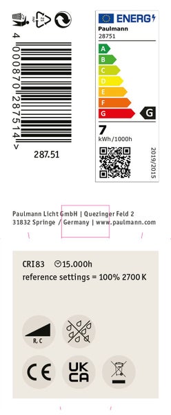 Energieetikett und technische Informationen für Paulmann Leuchtmittel mit Energieeffizienzklasse G und 7 Kilowattstunden pro 1000 Stunden.