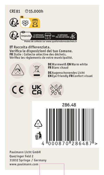 Produktverpackungsinformationen eines Paulmann Leuchtmittels mit technischen Daten, Entsorgungshinweisen, CE Kennzeichnung und Strichcode.