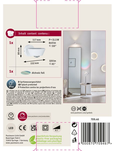 Paulmann LED Wandleuchte mit dichroitische Folie, spritzwassergeschützt IP44, inklusive Leuchtmittel und Maßen, zur stimmungsvollen Raumbeleuchtung.