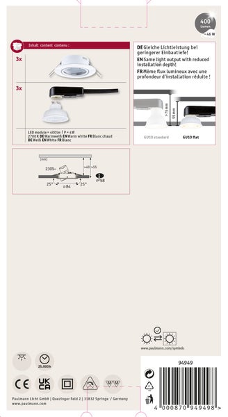 Paulmann LED Einbaustrahler Set 3 mal 6 Watt 470 Lumen warmweiß dimmbar IP44 Schutzart mit Verpackungskarton