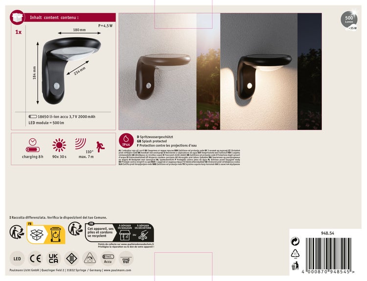 Solar Außenwandleuchte mit Bewegungsmelder, 500 Lumen, spritzwassergeschützt gemäß IP44, inklusive Akku und LED Modul für den Außenbereich.
