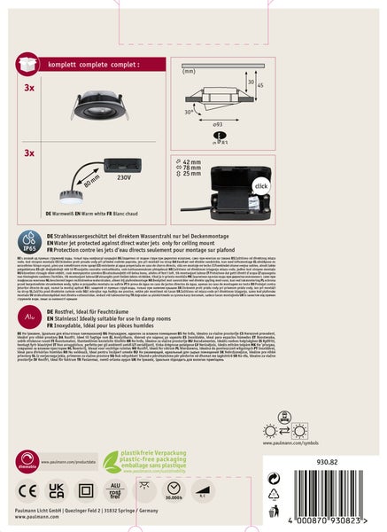 Technisches Datenblatt für Paulmann Einbauleuchten Set mit drei LED Strahlern, IP65 Schutzart für Feuchträume, inklusive Maße und Produktdetails.
