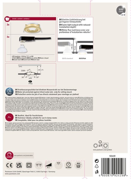 Dreierset runde, schwenkbare Einbaustrahler in Gold mit leuchtenden Lampen.