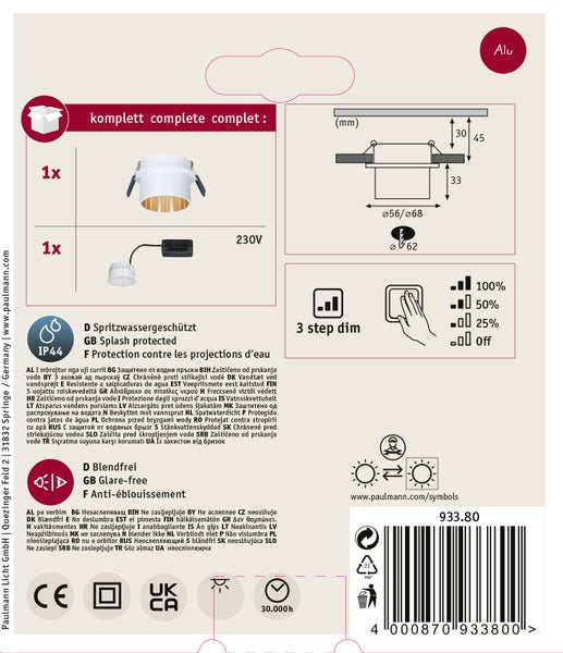 Produktdatenblatt und Montageanleitung für Paulmann LED Einbaustrahler aus Aluminium mit IP44 Spritzwasserschutz und dreistufiger Dimmfunktion.