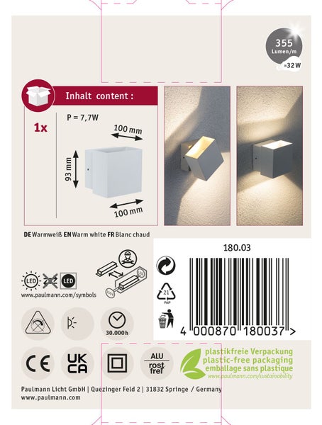 Produktverpackung der Paulmann LED Wandleuchte mit technischen Daten, Maßen, Lichtleistung und Symbolen zu Montage, Energie und Nachhaltigkeit.