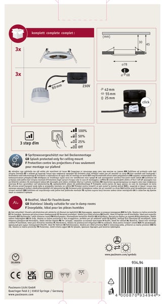 Packungsinhalt: Drei LED Einbaustrahler, Maße und technische Zeichnung, 3-Stufen Dimmfunktion, fünf Jahre Garantie
