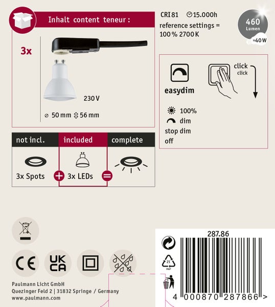 Set mit drei LED Leuchtmitteln inklusive technischer Daten zur Easy Dim Funktion und Produktspezifikationen von Paulmann Licht.