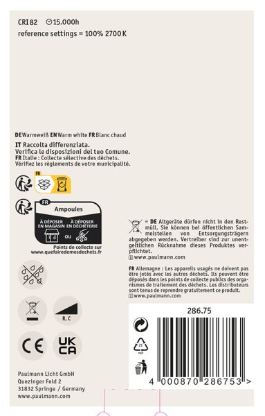 Produktverpackung mit technischen Daten und Entsorgungshinweisen für Paulmann Leuchtmittel.