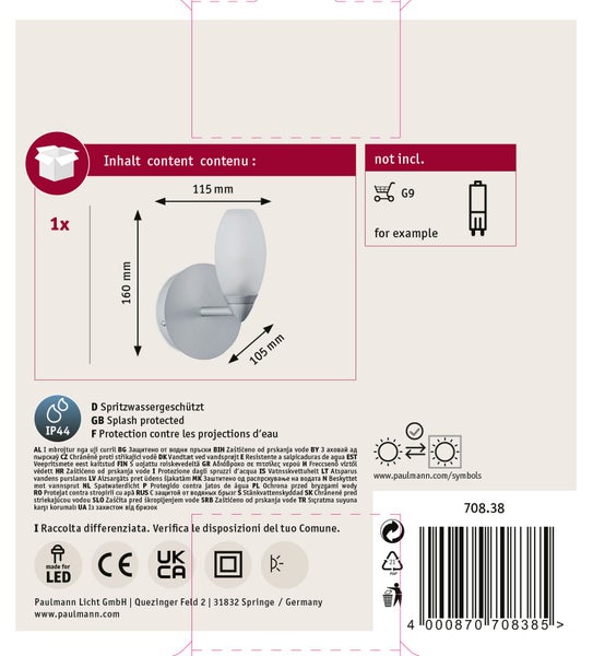 Technische Zeichnung einer Paulmann Wandleuchte mit Bemaßung, IP44 Spritzwasserschutz und Informationen zum Leuchtmittel G9.