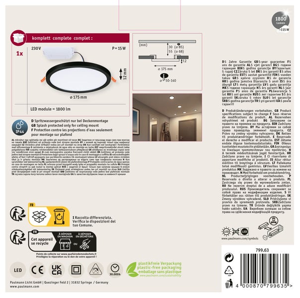 LED Einbauleuchte rund 15 Watt 1800 Lumen spritzwassergeschützt für Deckenmontage inklusive technischer Zeichnung und Montagehinweisen