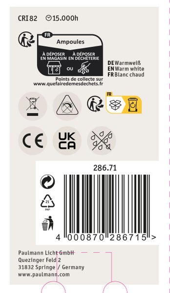 Produktetikett fuer Leuchtmittel mit technischen Daten, Entsorgungshinweisen, CE-Kennzeichnung, UKCA-Konformitaet und Barcode mit EAN-Nummer.