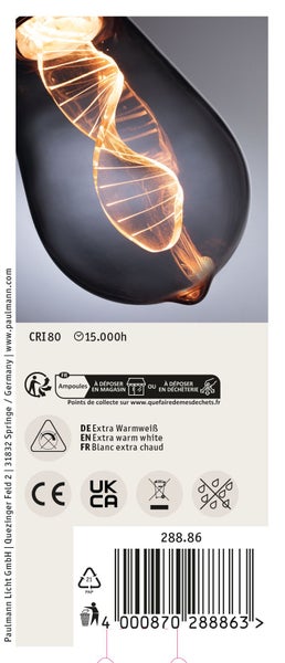 LED Filamentlampe mit spezieller Spiralform der Leuchtfäden in einer tropfenförmigen Glaskolbe mit extra warmweißer Lichtfarbe