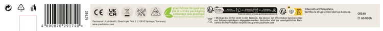 Informationen und Symbole auf der Verpackung einer Paulmann Licht LED Lampe inklusive Barcode, Herstelleradresse und Entsorgungshinweisen.